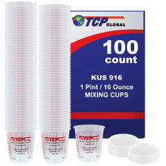 Box of 100 Mix Cups, Pint size, 16 ounce Volume Paint & Epoxy Mixing Cups - Mix Cups Are Calibrated with Multiple Mixing Ratios, Plus 12 Bonus Lids