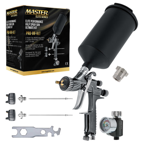 PRO-88 Series High-Performance HVLP Spray Gun Ultimate Kit with 3 Fluid Tip Sets 1.3, 1.4 and 1.8 mm, Air Pressure Regulator Gauge, MPS Adapter